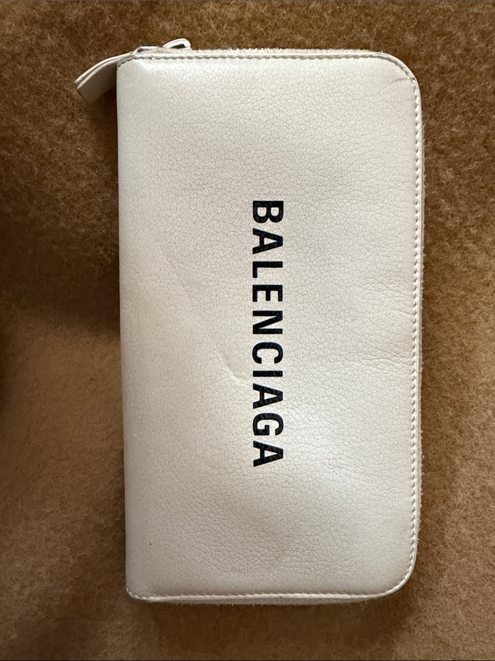 Balenciaga White Zip-Around Leather Wallet with Black Logo & Black Interior.